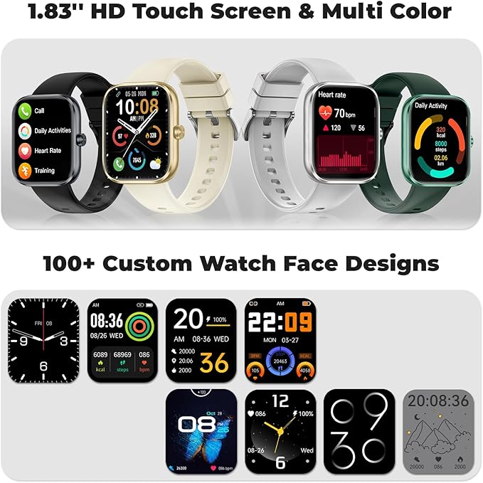 Smart Watch for Men Women, 1.83" HD Touchscreen Fitness Watch with Bluetooth Call & Message Notifications, 110+ Sport Modes, 24/7 Heart Rate/Sleep Monitor, IP68 Waterproof Fitness Tracker, Silver Gray
