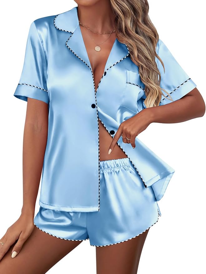 Ekouaer Silk Satin Pajamas Set Short Sleeve Pj Sets Black & White Contrast Piping Pjs Button Down Lounge Sets 2 Piece