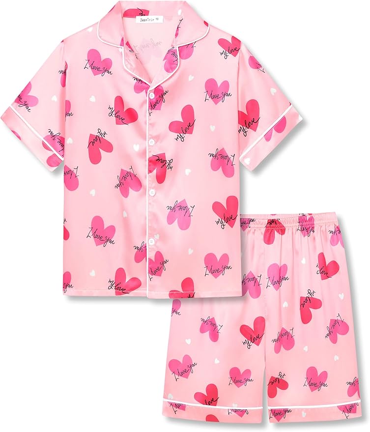 Beezizac Little & Big Girls Satin Silky Button Pajama Summer Short Sleeves Set Trendy Outfit Kid Size 6-16