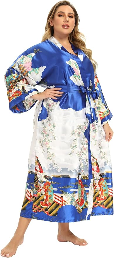 Women's Floral Long Satin Robes Plus Size Long Silk Robes Peacock Floral Kimonos Sleepwear Dressing Gown