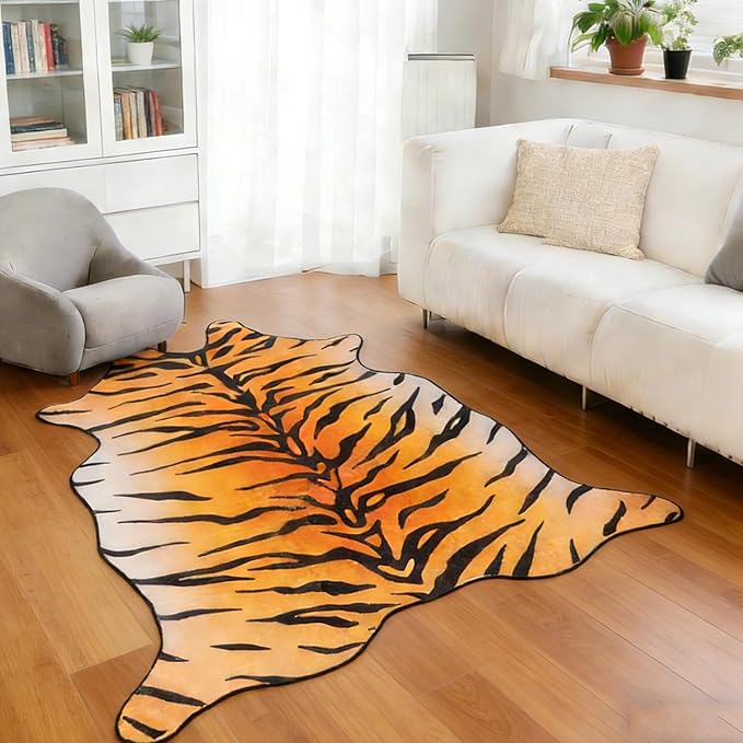 Tiger Print Area Rug, Tiger Rugs 4.6x5.2 Feet Western Rug Non-Slip Animal Print Skin Faux Cashmere Carpet for for Living Room Bedroom Home Decor