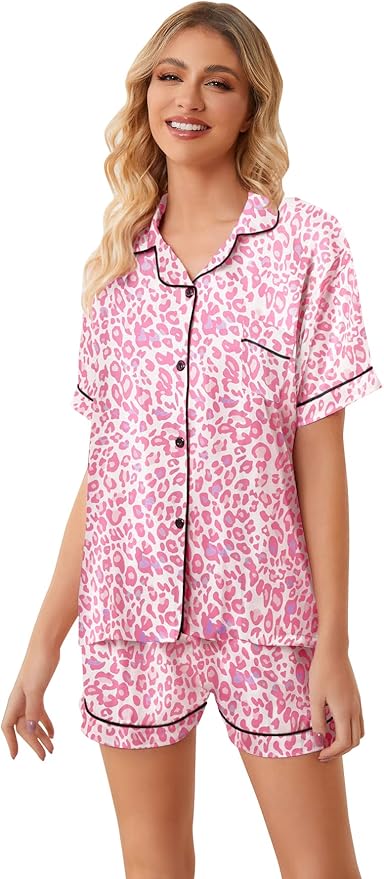 Umeyda Women & Girls Pajamas Set, Soft Satin Lightweight Silk Button-Down Top with Shorts 2 Piece PJS for Mom Boys Kids Gifts