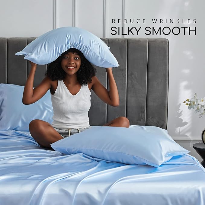 MR&HM Satin Bed Sheets, King Size Sheets Set, 4 Pcs Silky Bedding Set with 15 Inches Deep Pocket for Mattress (King, Light Blue)