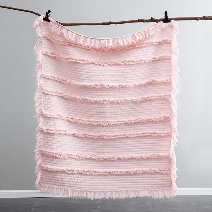 Ultra Soft Pre-Washed Quilted Boho Pink Twin Size Blankets for Bed, Ruffle Fringed Decorative Throw, Stone Washed Chic Rustic Blanket for Sofa Couch Bed, 60"*80"
