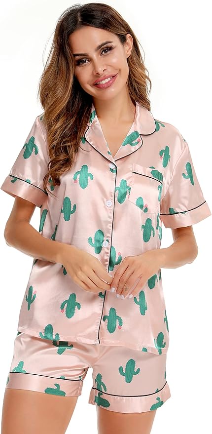 SWOMOG Womens Silk Satin Pajamas Set Short Sleeve Sleepwear Button Down Top and Shorts Loungewear 2 Piece Pjs Set XS-3XL