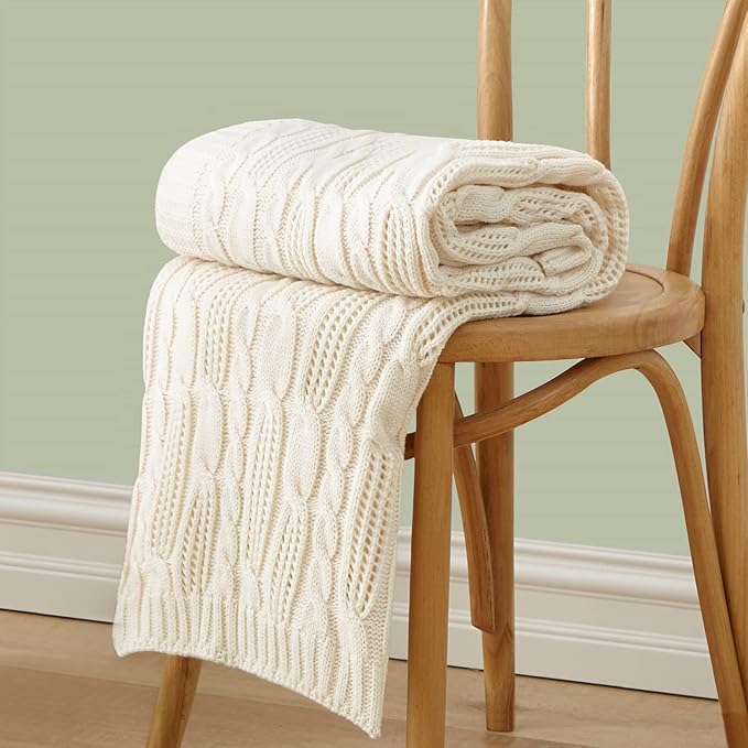 Aormenzy Cable Knit Throw Blankets 60 x 80 Inches, Soft Cozy and Lightweight Knitted Blanket, Machine Washable Acrylic Blanket, Decorative Throw Blanket for Couch Sofa Bed, Cream White