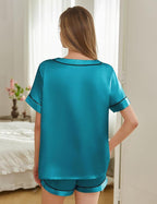 Silk Pajamas for Women Short Sleeve Satin 2 Piece Pj Set Soft V Neck Sleepwear Loungewear, S-XXL