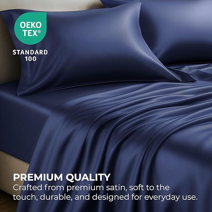 Satin Sheets King [4-Piece, Midnight Blue] Hotel Luxury Silky Bed Sheets - Extra Soft 1800 Microfiber Sheet Set, Wrinkle, Fade, Stain Resistant - Deep Pocket Fitted Sheet, Flat Sheet, Pillow Cases