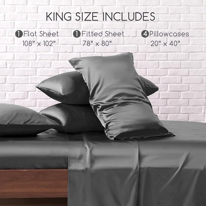 MR&HM Satin Bed Sheets, King Size Sheets Set, 6 Pcs Silky Bedding Set with 15 Inches Deep Pocket for Mattress (King, Dark Grey)