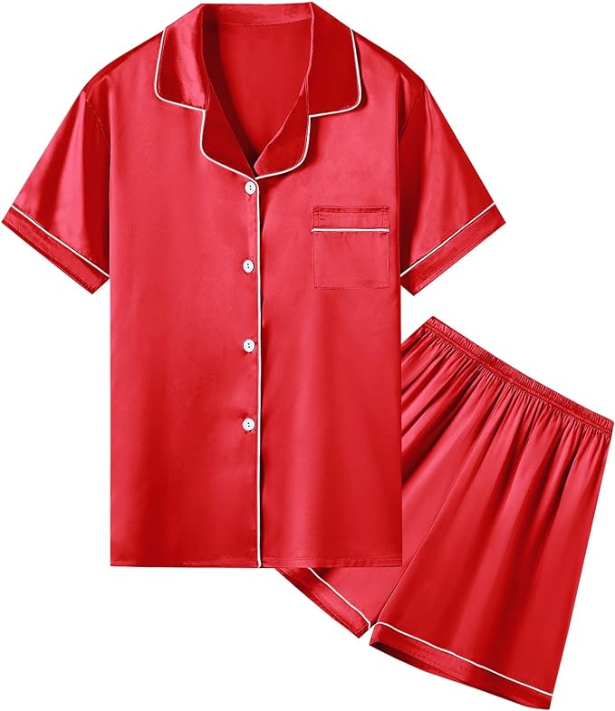 Umeyda Women & Girls Pajamas Set, Soft Satin Lightweight Silk Button-Down Top with Shorts 2 Piece PJS for Mom Boys Kids Gifts