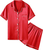 Umeyda Women & Girls Pajamas Set, Soft Satin Lightweight Silk Button-Down Top with Shorts 2 Piece PJS for Mom Boys Kids Gifts
