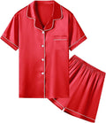 Umeyda Women & Girls Pajamas Set, Soft Satin Lightweight Silk Button-Down Top with Shorts 2 Piece PJS for Mom Boys Kids Gifts