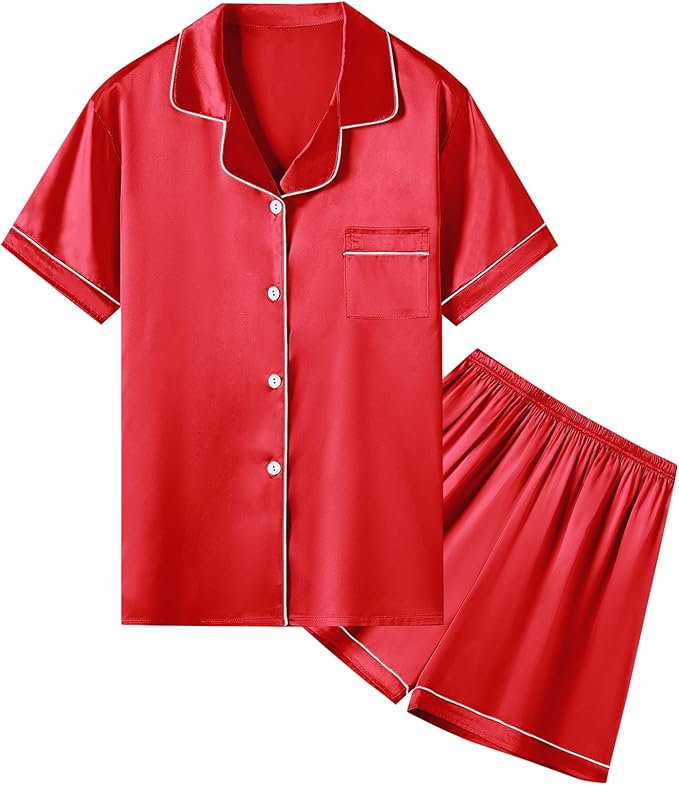 Umeyda Women & Girls Pajamas Set, Soft Satin Lightweight Silk Button-Down Top with Shorts 2 Piece PJS for Mom Boys Kids Gifts