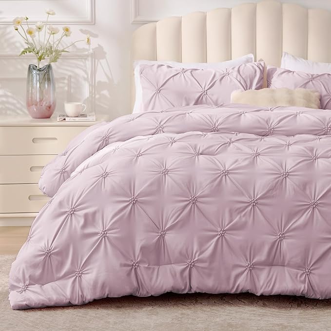 BEDELITE Light Purple King Size Comforter Set - 3 Pieces Boho Pintuck Bedding Comforter Sets, Lightweight Soft & Warm King Bedding Set with 2 Pillowcases for All Season