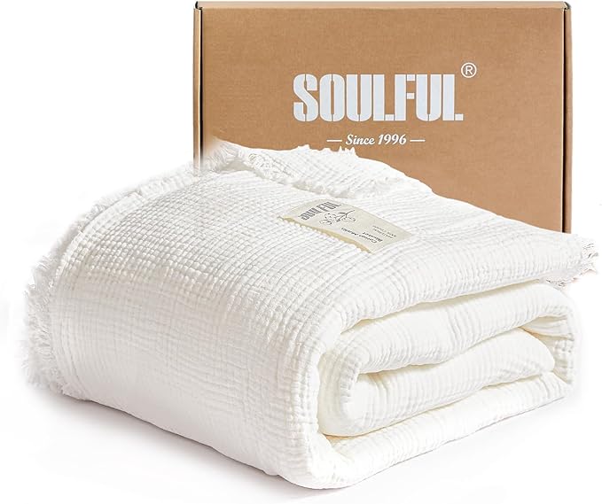 SOULFUL Muslin Throw Blanket with Tassels - Soft Twin Cotton Throw Blanket for Couch or Bed, Lightweight and Breathable Gauze for All Seasons, White, 60" x 80"