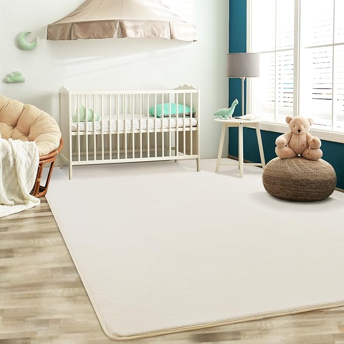 Softlife Area Rug for Bedroom Living Room, Solid Non-Slip 6x9 Fluffy Carpet with Soft Low Pile for Kids Boys Girls, Machine Washable Fuzzy Aethetic Rugs Home Dorm Decor, Creamy White