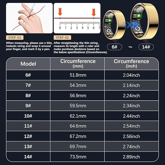 Ring Health Tracker for Women Men, Fit Ring with Heart Rate, Blood Oxygen, Sleep Monitor, Calories, Step Counter, IP68 Waterproof Smart Ring for iPhone & Android, No Subscription Fee (Gold, 9#)