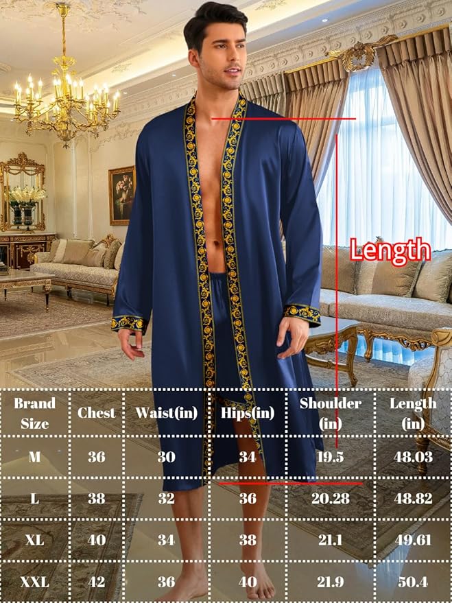 ChiaoLezhee Mens Satin Bath Robe with Shorts Set, Silk Paisley Kimono Lightweight, Soft Long Sleeve Sleepwear
