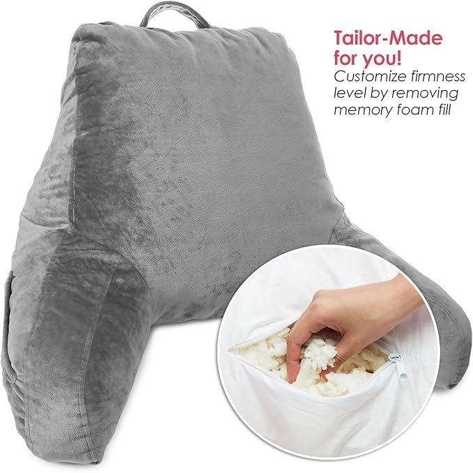 Clara Clark Reading Pillow for Kids & Teens with Shredded Memory Foam, Backrest Pillows for Reading, Watching, and Gaming, Use on The Couch, Bed, or Floor, Adjustable Support with Washable Cover Grey