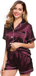LecGee Womens Silk Satin Pajamas Short Sleeve Loungewear Two-Piece Sleepwear Button-Down Pj Set