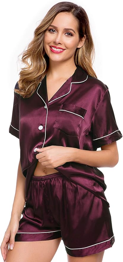 LecGee Womens Silk Satin Pajamas Short Sleeve Loungewear Two-Piece Sleepwear Button-Down Pj Set