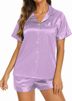 Ekouaer Silk Pajamas for Women Short Sleeve Sleepwear Soft Button Down Loungewear 2 Piece Satin Pjs Shorts Set