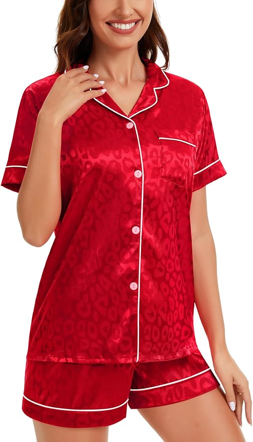LecGee Womens Silk Satin Pajamas Short Sleeve Loungewear Two-Piece Sleepwear Button-Down Pj Set