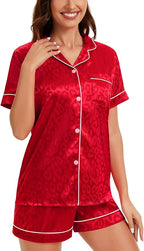LecGee Womens Silk Satin Pajamas Short Sleeve Loungewear Two-Piece Sleepwear Button-Down Pj Set