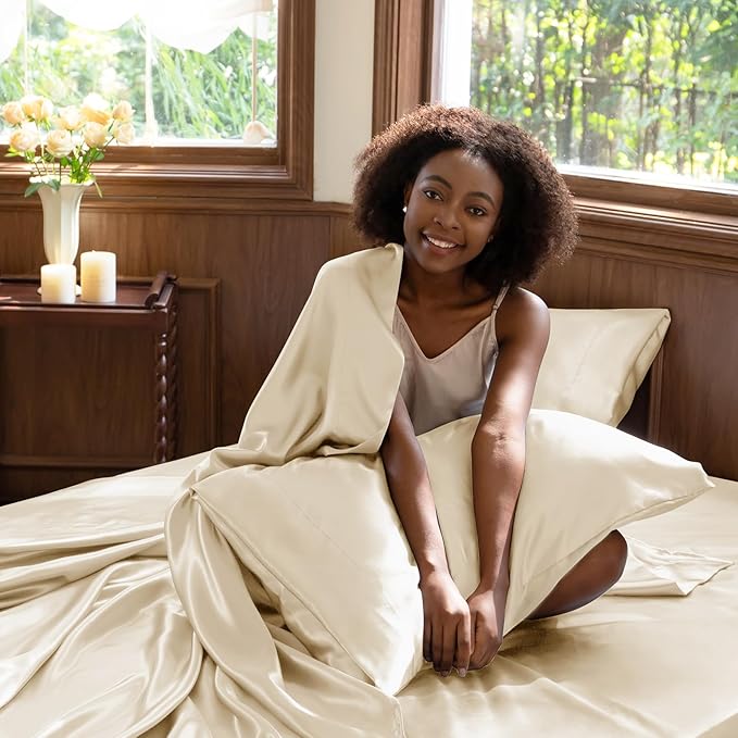 CozyLux Satin Sheets Queen Size Bed Set - 6 Piece Silky Queen Sheet Set, Luxury Champagne Queen Sheets with Smooth and Soft Microfiber, Includes 1 Fitted Sheet, 1 Flat Sheet and 4 Pillowcases