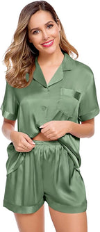LecGee Womens Silk Satin Pajamas Short Sleeve Loungewear Two-Piece Sleepwear Button-Down Pj Set