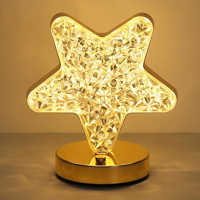 Lewondr Star Table Lamp, Stepless Dimmable Touch Lamp with 3 Colors, Rechargeable Night Light with USB Port, Crystal Star Light Bedside Lamp for Nightstand Desk Bedroom Living Room Home Decor