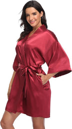 Women's Satin Kimono Robe Wedding Getting Ready Silky Bathrobe Short Bridesmaid Dressing Gown