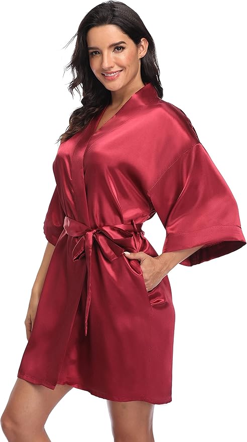 Women's Satin Kimono Robe Wedding Getting Ready Silky Bathrobe Short Bridesmaid Dressing Gown