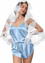 Ekouaer Satin Pajama Set for Women, Backless Silk Lingerie Pjs Back Tie-up Camisole Top and Shorts with Ruffle Sleepwear
