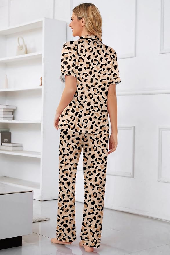 Umeyda Girls Womens Pajamas Set, Satin Silky Button Down Loungewear 2 Piece Short Sleeve Pants PJS Sets for Mommy Kids
