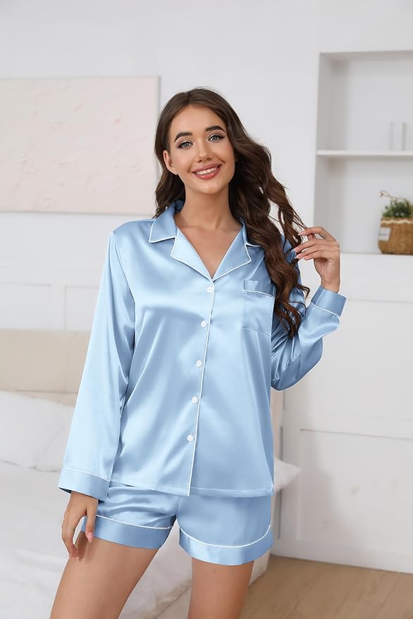 Ekouaer Satin Pajama Set for Women Button Down Pj Set Long Sleeve Top and Shorts 2 Piece Loungewear Summer Soft Sleepwear