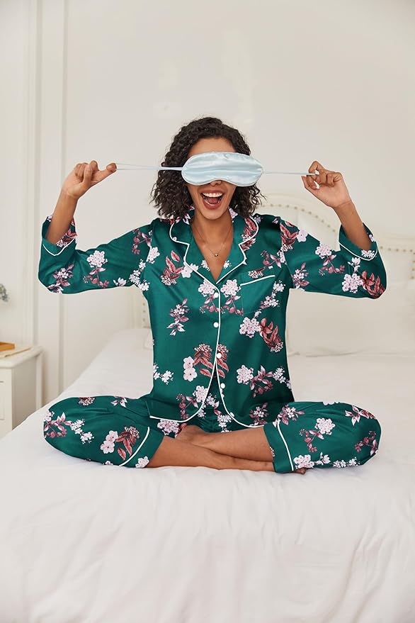 Ekouaer Women's Classic Button Down Long Satin Silk Pajama Set