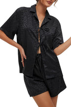 CHYRII Women's Silk Satin Pajamas Sets Tie Front Short Sleeve Tops and Shorts Two Piece Pj Sets Sleepwear