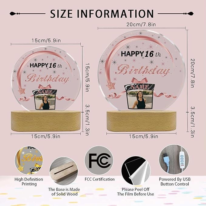 Customized Birthday Gifts Personalized Acrylic LED Night Light Lamp Crystal Ball Plaque Custom Photo Name Birthday Gifts for Mom Kids (Rose Gold and Black)