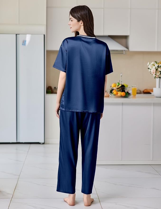 Ekouaer Satin Pajama Set for Women Short Sleeve Silky Pjs 2 Piece Lounge Sets Soft Comfy Sleepwear Loungewear S-XXL