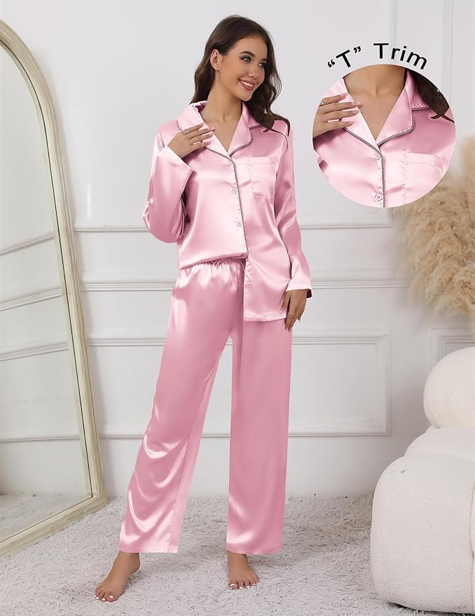 Ekouaer Pajamas For Women Set Silk Pjs 2 Piece Satin Sleepwear Long Sleeve Button Down Lounge Sets With Pant