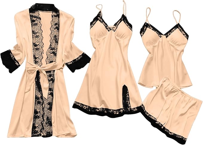Women's 4pcs Silk Satin Pajamas Set Floral Lace Trim Dress with Robe Lounge Sleepwear Nightdress Novelty Loungewear