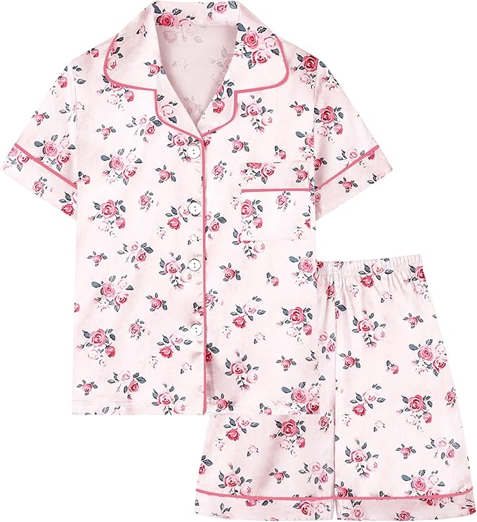 Girls & Womens Satin Pajamas Set, Silk Button-Down Sleepwear 2 Piece Nightwear, 3 Years - Women XXL