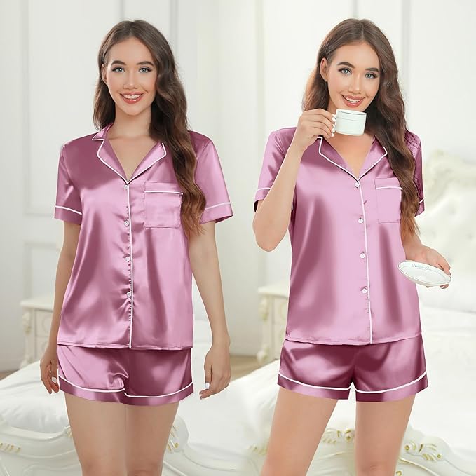 Silk Pajamas for Women Satin Womens PJ Set 2 Piece Short Lounge Set Summer Sleepwear Notch Collar Button-Down Pjs