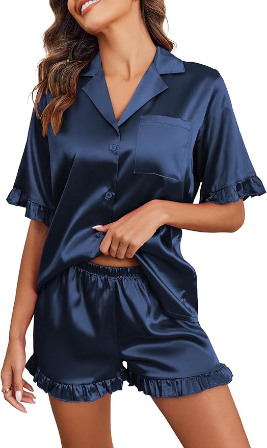 Ekouaer Satin Pajama Set for Women Button Down Silk 2 Piece Pj Sets Ruffle Short Sleeve Sleepwear