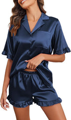 Ekouaer Satin Pajama Set for Women Button Down Silk 2 Piece Pj Sets Ruffle Short Sleeve Sleepwear