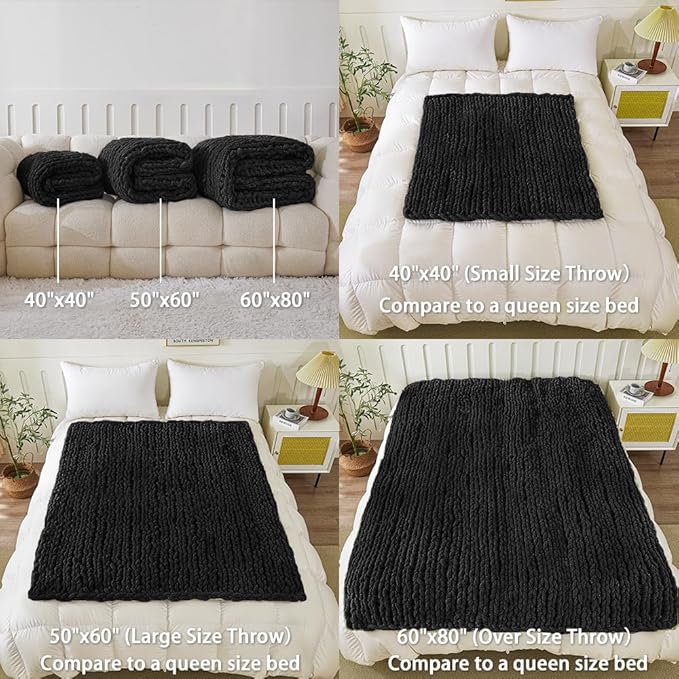 WESHIONGOO Chunky Knit Blanket Throw 51"×63" Knitted Throw Blankets for Couch Bed Fluffy Soft Blanket with Jumbo Chenille Yarn Thick 100% Handmade (Black)