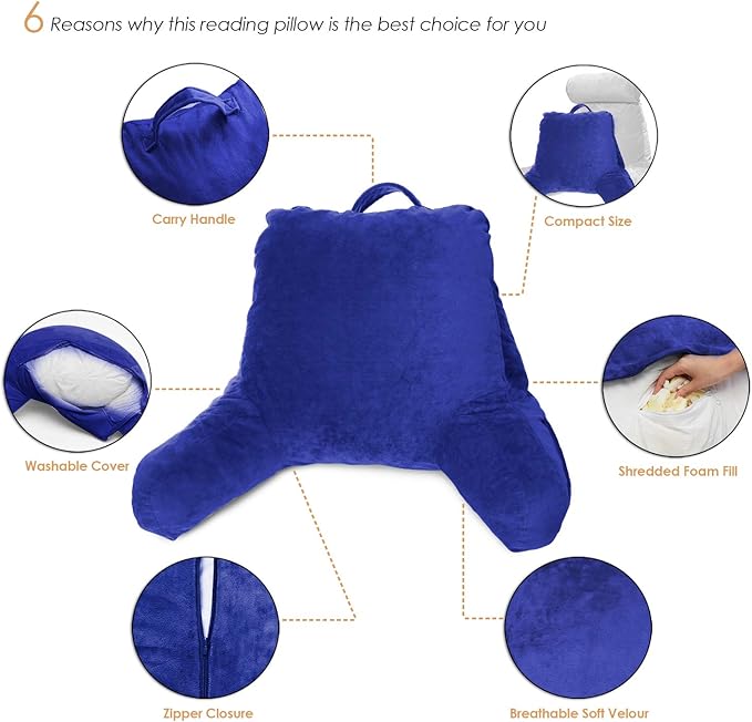 Clara Clark Reading Pillow for Kids & Teens with Shredded Memory Foam, Backrest Pillows for Reading, Watching, and Gaming Use on Couch, Bed, or Floor, Adjustable Support with Washable Cover Royal Blue