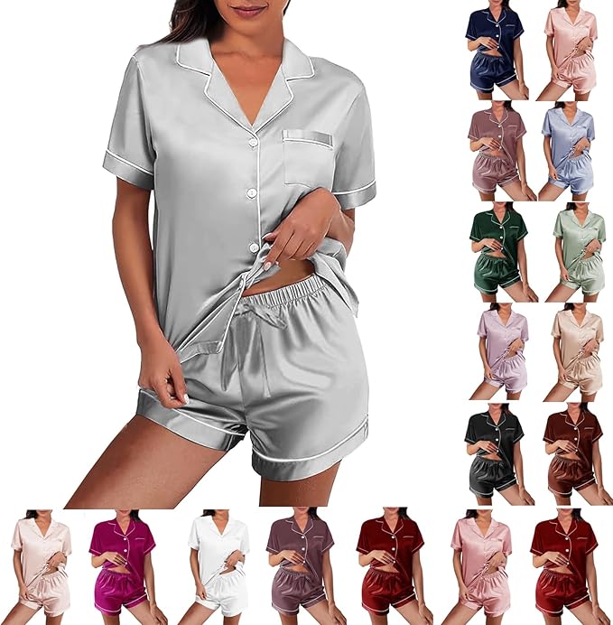 WJing Yi Jia Womens Silk Satin Pajamas Loungewear Two-Piece Sleepwear Button-Down Floral Pj Set XS-4XL