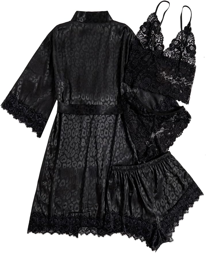 WDIRARA Women' Silk Satin Pajamas Set 4pcs Lingerie Floral Lace Cami Sleepwear with Robe